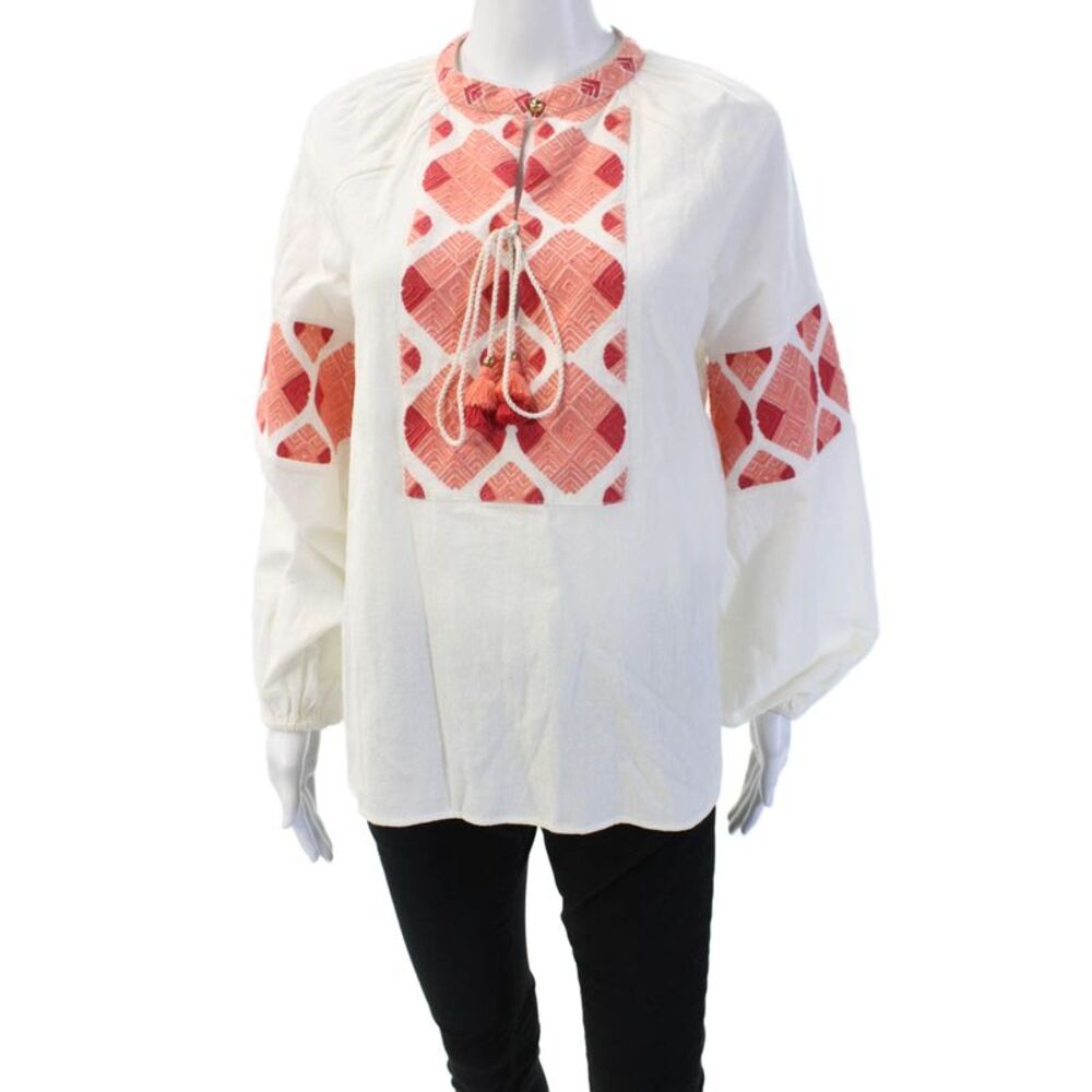 Figue Women Tunic Blouse White 100% Cotton Argyle Long Sleeve Size XS
